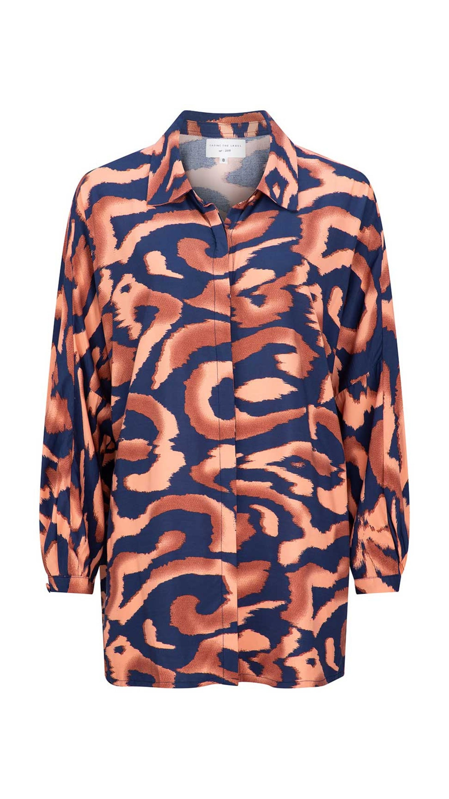 Amelia Rayon Shirt - Navy and Brown Print