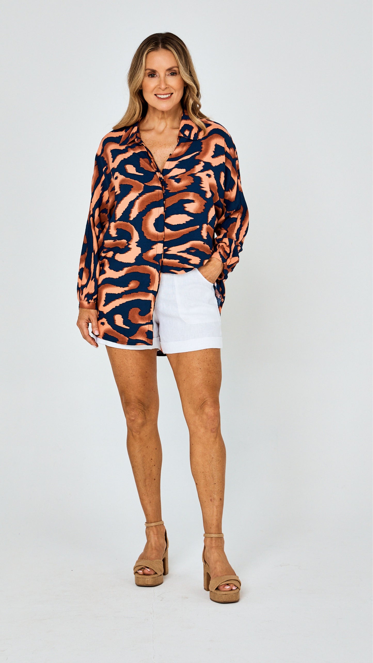 Amelia Rayon Shirt - Navy and Brown Print